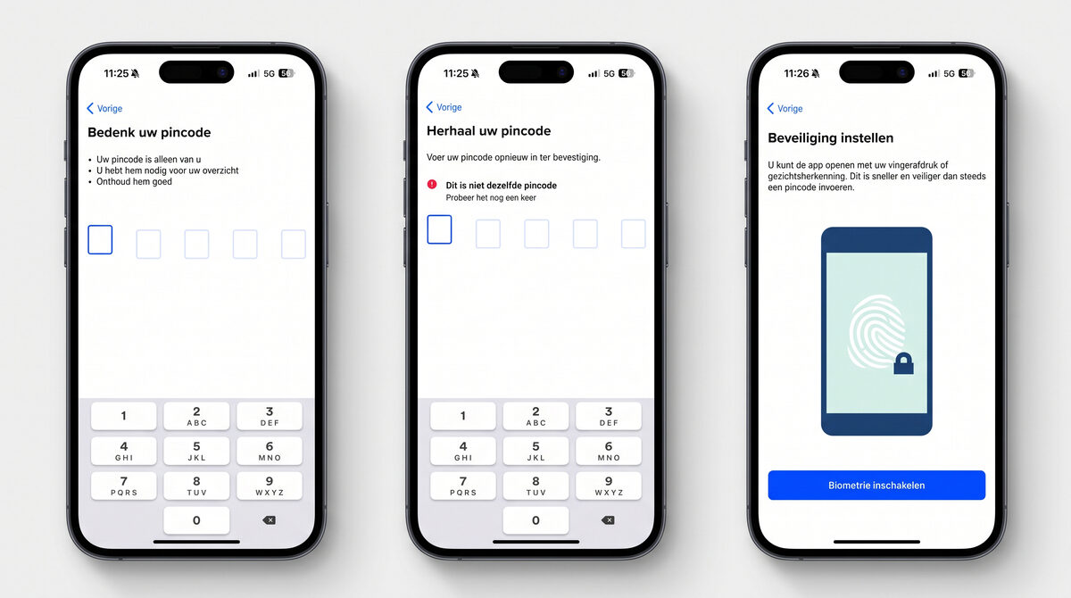 Schermen voor het instellen van pincode en biometrie